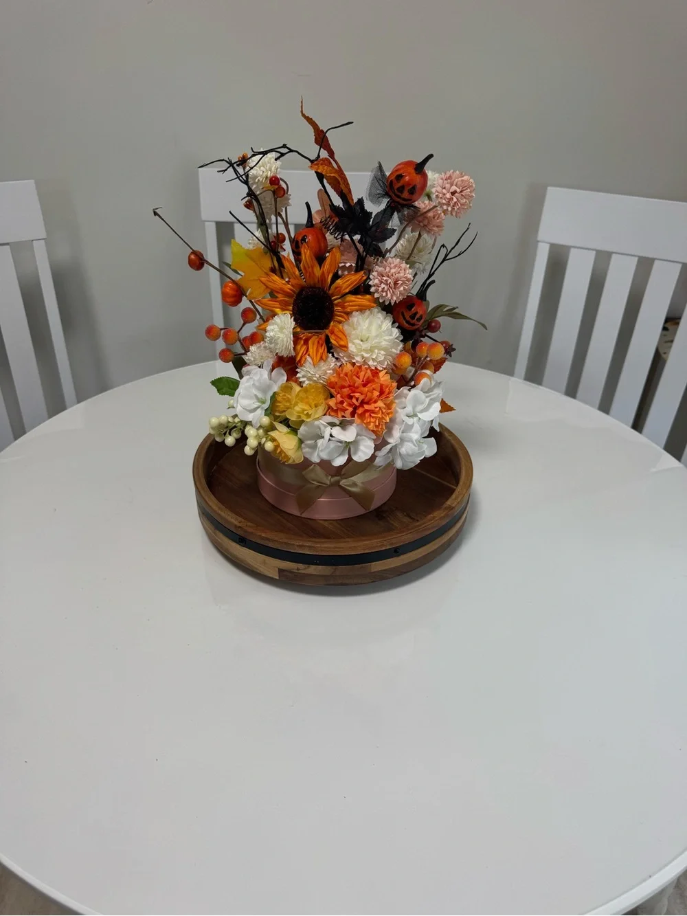 Autumn Pumpkin & Sunflower Arrangement - Orange, White, Cream